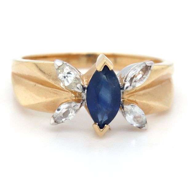 14kt Yellow gold marquise blue sapphire and white sapphire cocktail ring
