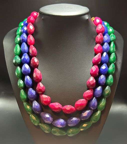 Beautiful Large 1609 Ctw Mined From The Earth Natural Ruby,  Blue Sapphire and Emerald Necklace