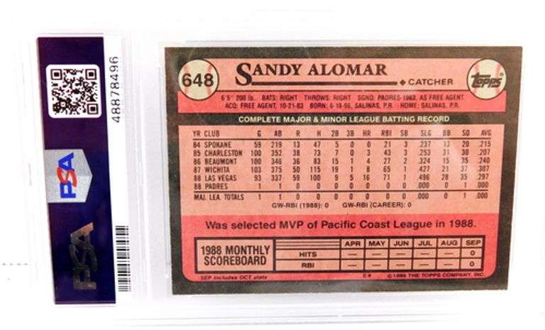 Sandy Alomar 1989 Baseball Card, 7 Near Mint