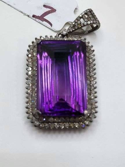 Striking 26.84ct Emerald-Cut Amethyst Pendant with 1.61ct Natural Diamonds in Sterling Silver