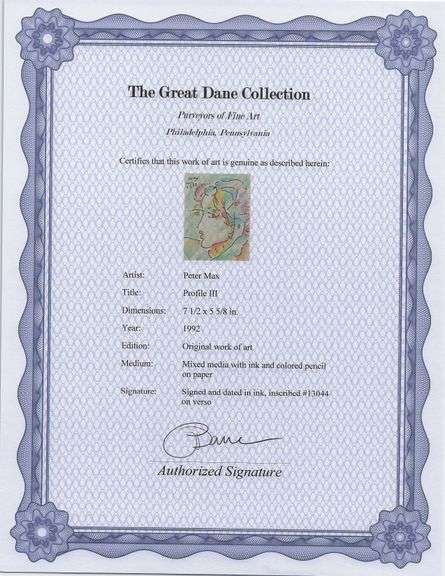Rare Peter Max One-of-a-Kind Original Mixed Media 'Profile III', 1992