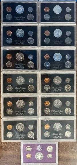 Large lot of 13 Proof Sets 1968 to 1985. No outer boxes