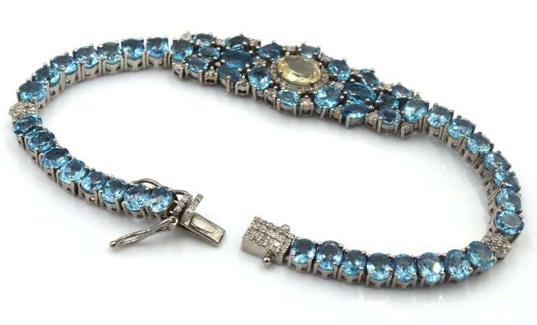 Sparkling 15.00CTW  Oval Emerald-Cut Blue Topaz & Diamond Bracelet in Antique 14K Gold Over Sterling