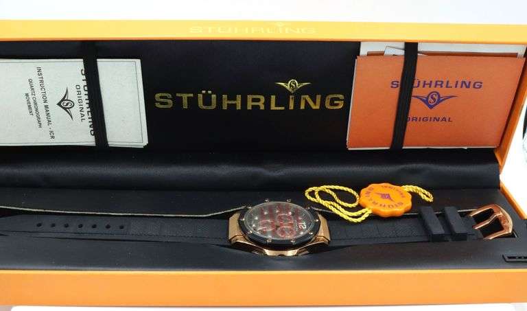 Stuhrling chronograph sports watch black and copper dial
