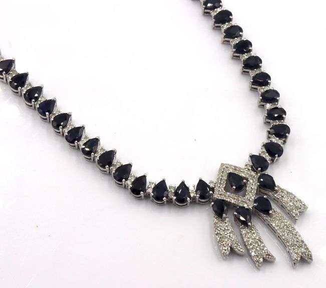 Stunning 37.00 Pear Shaped Faceted Blue Sapphire & 6.05 Diamond Necklace in 14K White Gold Over Ster