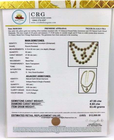 Jaw Dropping 47.95CTW Round Faceted Ruby & 8.65CTW Diamond Necklace in 14K Yellow Gold Over Sterling