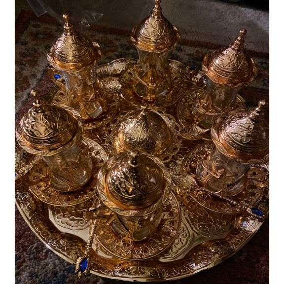 Set of 6 Handmade Turkish Tea Glasses with Saucers & Spoons