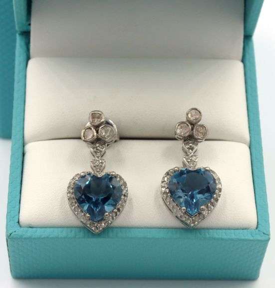 Very Rare Charming 6.00CTW Heart Shaped London Blue Topaz & Diamond Dangle Earrings in Sterling Silv