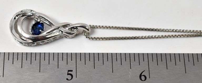 Blue Sapphire and Diamond Pendant Necklace in Sterling Silver