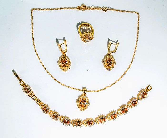 18 Kt Yellow Gold Plate Lab Simulated Orange Sapphire 4 Piece Jewelry Set