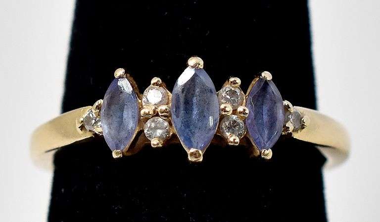 Beautiful 14K Yellow Gold Blue Gemstone and Diamond Ring
