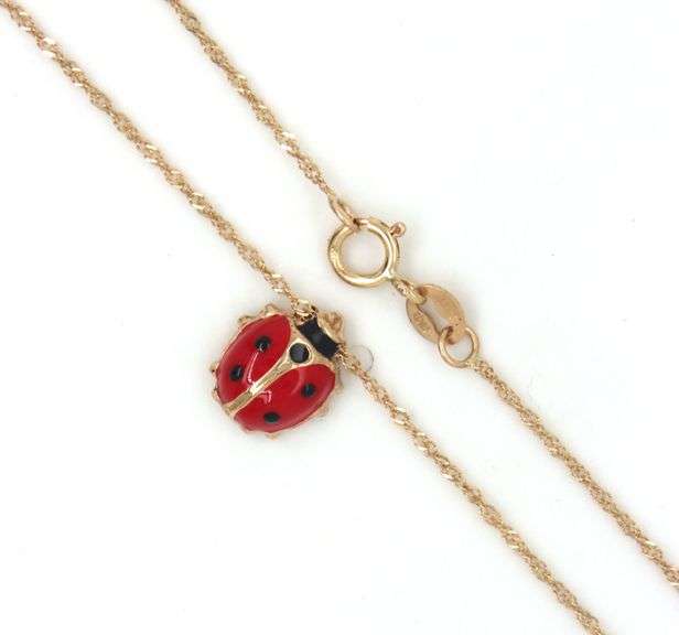 14kt Yellow gold Enamel lady bug pendant on chain