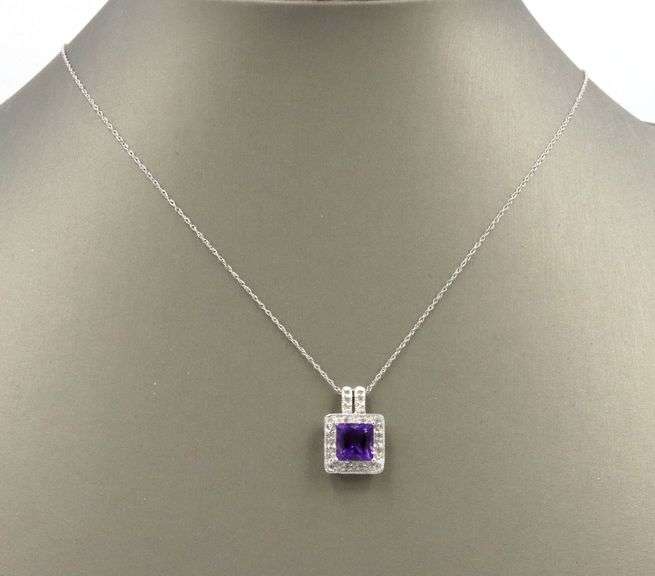 10kt White gold square amethyst and diamond halo pendant on chain