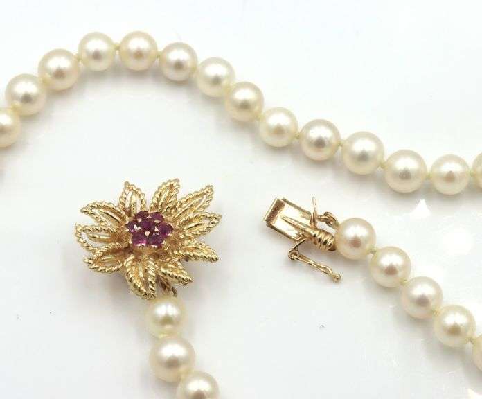 6mm Akoya pearl strand necklace with fancy ruby clasp