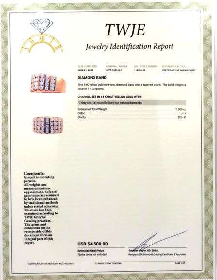 14kt Yellow gold 1.50ctw channel set 9 row diamond dome ring