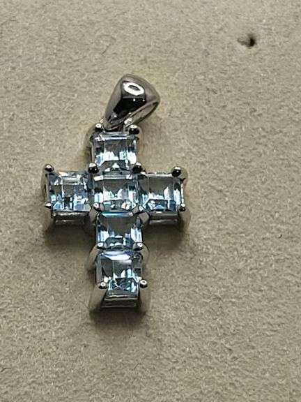Over 5ctw sky blue Topaz on 14k white gold  cross pendent