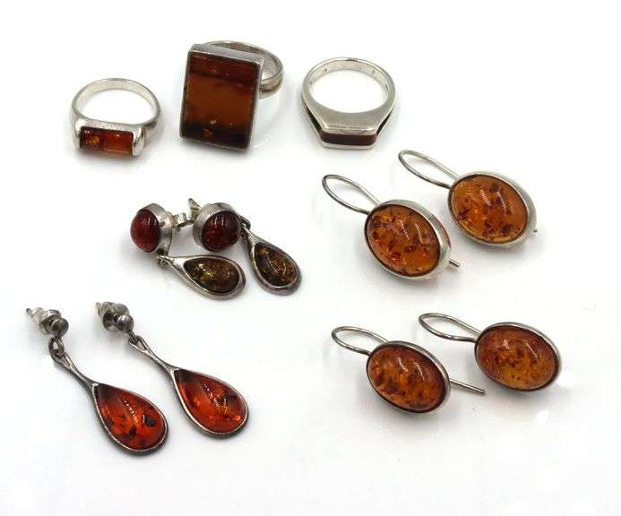 Group lot of vintage 925 sterling silver amber jewelry