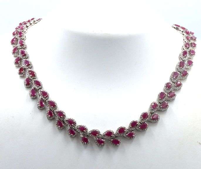 Darling 25.10CTW Pear Shaped Ruby & Diamond Necklace in 14K White Gold Over Sterling Silver