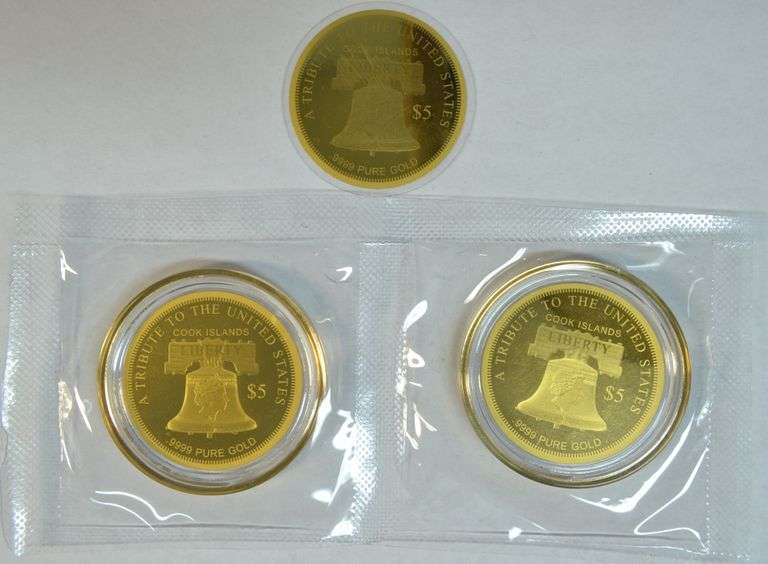 3 2023 pure .999 Fine Gold Cook Island Tribute $5 coins in plastic