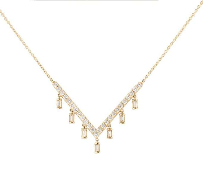 New 1.00ctw Round and Baguette Diamond V Bar Dangle Pendant Necklace in 14K