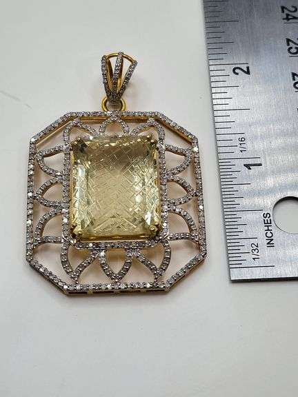 Massive 79.0 ct Lemon-Cut Natural Quartz Pendant with Diamond Accents in Sterling Silver