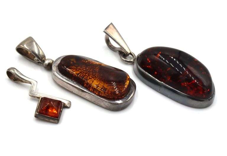 Lot of 3 Vintage 925 sterling silver amber pendants