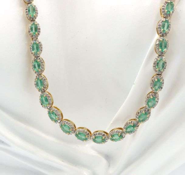 Mesmerizing 12.50CTW Oval Shaped Faceted Natural Emerald & 5.00CTW Diamond Tennis Necklace in 14K Ye