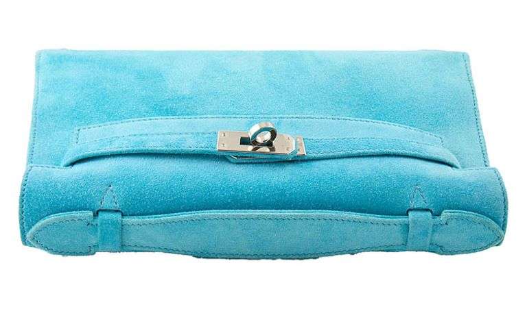 Hermes Kelly Doblis Mini Turquoise Suede Clutch W/Dustbag