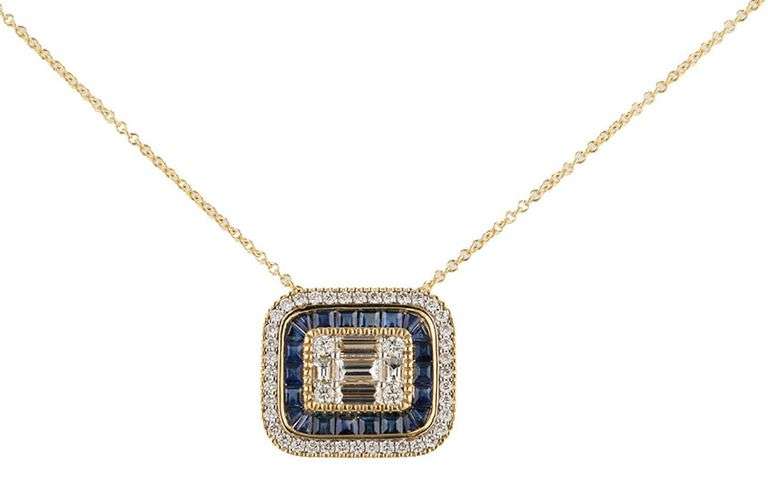 New 2.86ctw Diamond and 0.43ctw Sapphire Mosaic Pendant Necklace in 14K