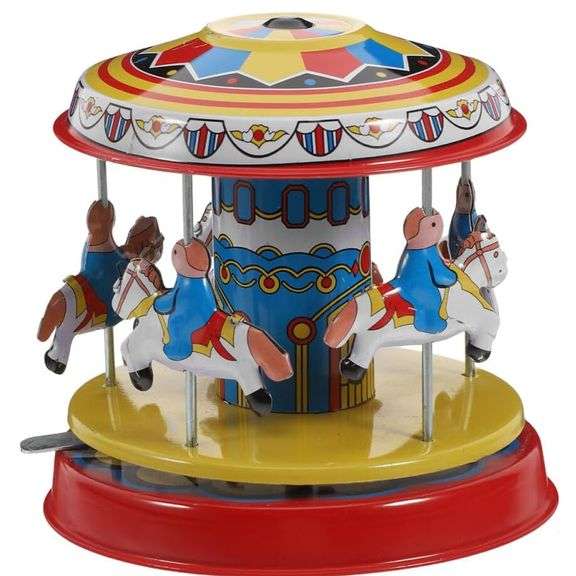 Retro Metal Wind-Up Merry-Go-Round Carousel