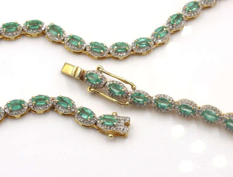 Mesmerizing 12.50CTW Oval Shaped Faceted Natural Emerald & 5.00CTW Diamond Tennis Necklace in 14K Ye