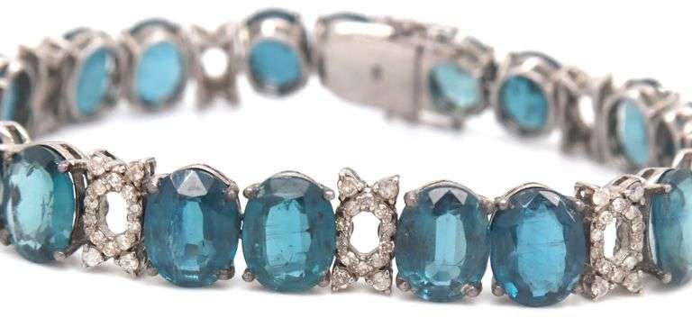 Awesome 50.89CTW Oval Emerald-Cut Blue Topaz & Diamond Bracelet in 14K White Gold Over Sterling Silv
