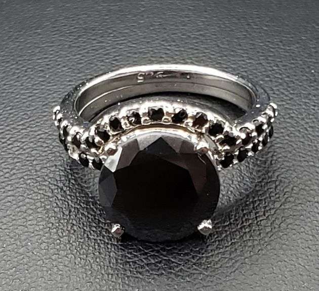 14 K White Gold Plate 7 Ct Black Silk Lab Simulated Diamond 2 Band Bridal Ring Set