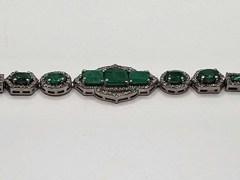 Elegant over 6.88ct Natural Colombian Emerald design and 1.66 ct diamond Bracelet-  in Sterling Silv
