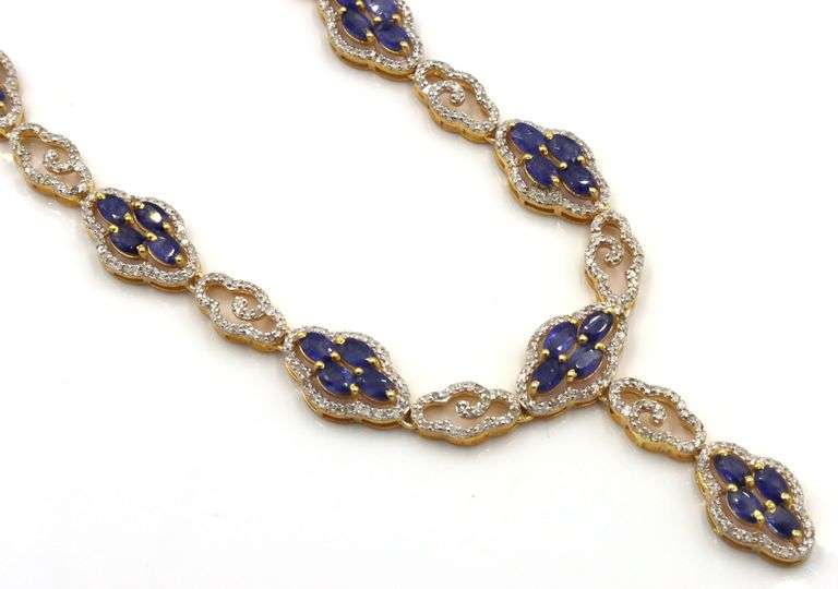 Splendid Brand New European 12.00CTW Oval Faceted Blue Sapphires & 5.00CTW Diamond necklace in 14K Y