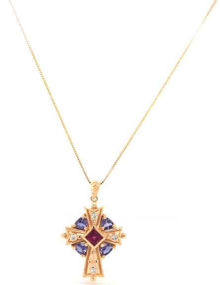 14kt Yellow gold Garnet, Tanzanite and diamond accent cross pendant on chain
