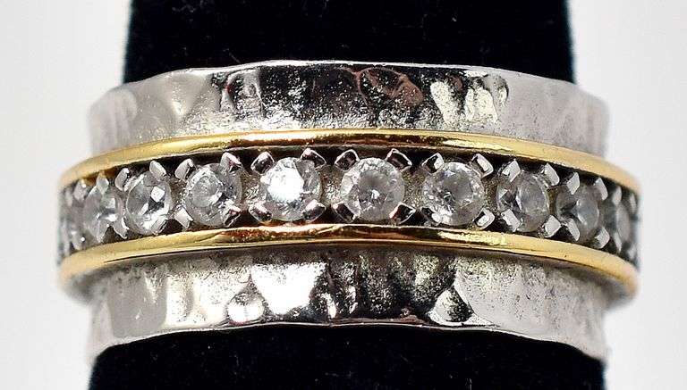 Inlaid CZ Textured Band Ring in Sterling Silver