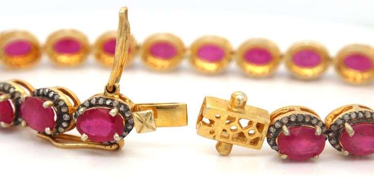 Charming 19.60CTW Oval Emerald-Cut Ruby & 1.40CTW Diamond Bracelet in 14K Yellow Gold Over Sterling