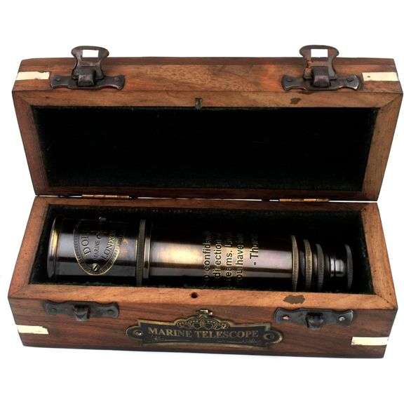 Brass Pirate Spyglass Telescope with Engraved Wooden Box