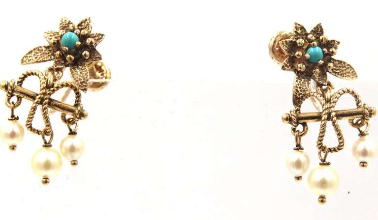 14kt Yellow gold turquoise and pearl dangle flower earrings