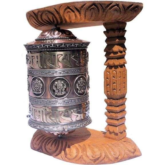 Large Tibetan Prayer Wheel with Wood Frame
