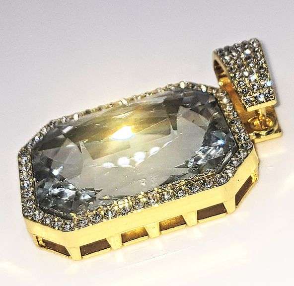 Huge 64.5 Ct 14k Gold Plated Simulated Aquamarine Diamond Pendant