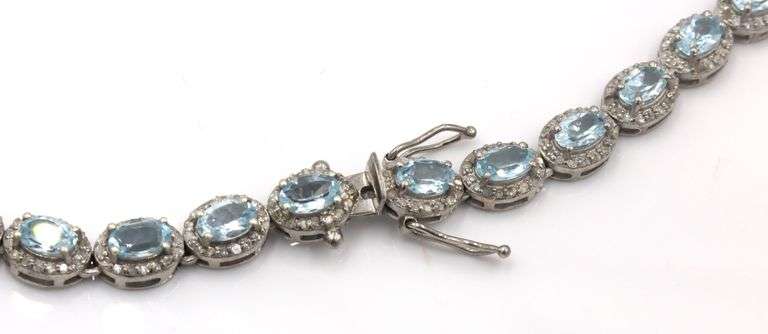 Fabulous 28CTW Oval Emerald-Cut Blue Topaz & 5.00CTW Diamond Tennis Necklace