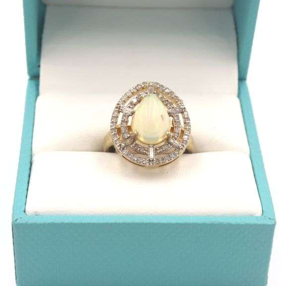 Lovely 1.90CTS Pear Shaped Cabochon-Cut Ethiopian Opal W/ Fire & Diamond Ring on 14K Yellow Gold pla