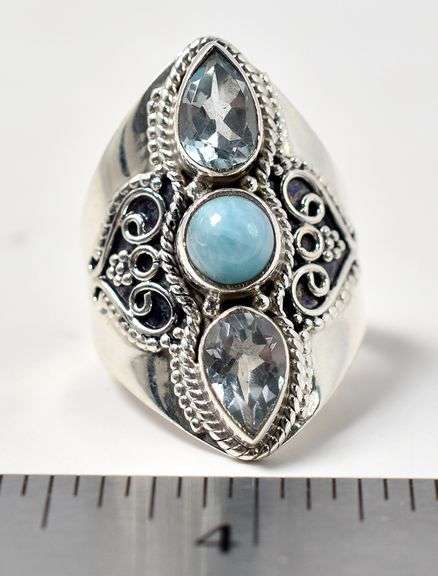 Blue Topaz and Larimer Gemstone Ring in Sterling Silver