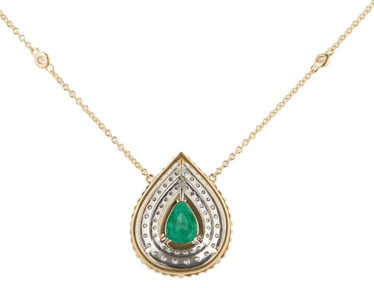 New 1.61ct Pear Emerald and 0.58ctw Diamond Double Frame Pendant Necklace in 14K