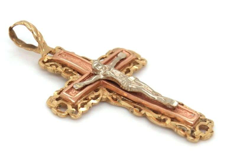 Stylish 14K Tri-Color Gold Crucifux Pendant