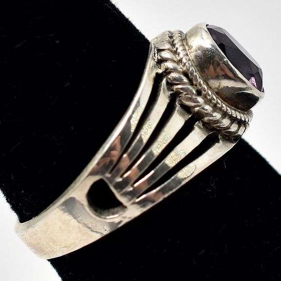 Amethyst Ring with Unique Banding in Sterling Silver