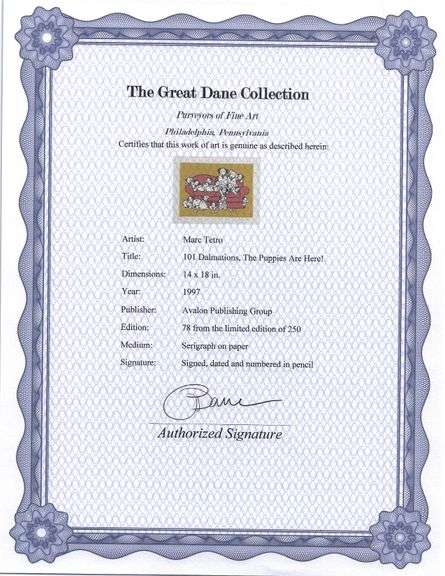 Marc Tetro '101 Dalmations, The Puppies Are Here!' Signed Serigraph Framed, 1997