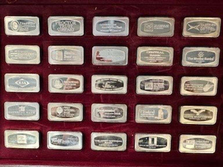 Complete Proof Set of 50 Bankmarked Sterling Silver Ingots.107 Ozs. Walnut box